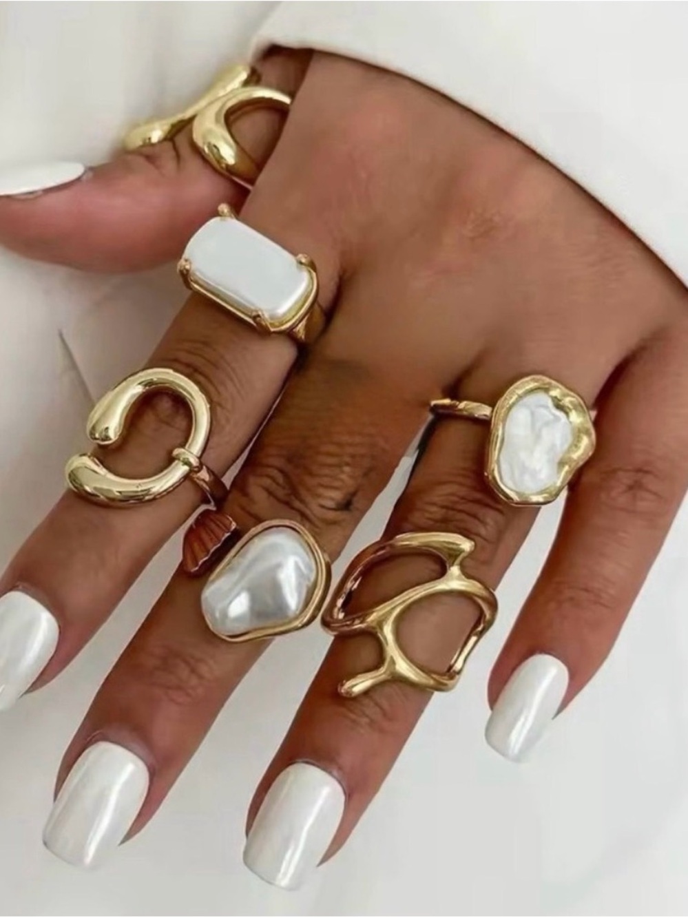 Gold Pearl Mix & Match Ring Set - White Accents